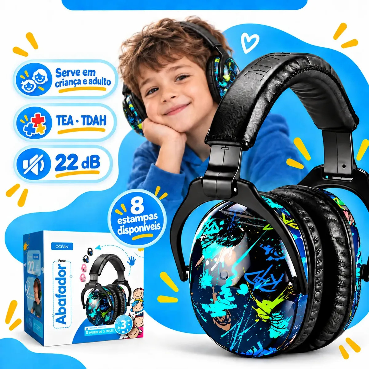 Protetor Auricular Abafador de Ruído Autismo TEA TDAH Infantil e Adulto Concha Ajustável 22 dB Dobrável Nautilus Ocean Azul Grafite