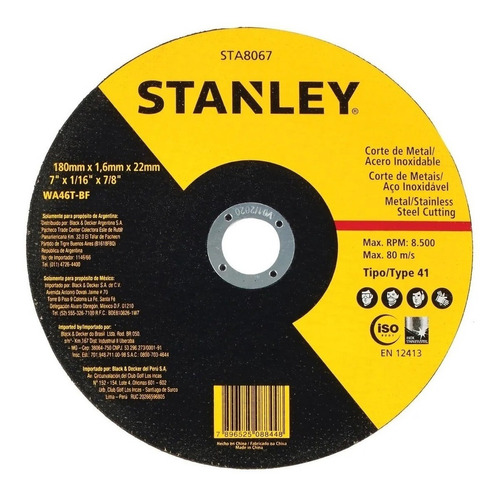 Disco Corte Metal Inox 7 X1,6mm Sta8067 Stanley (caja 50 U )