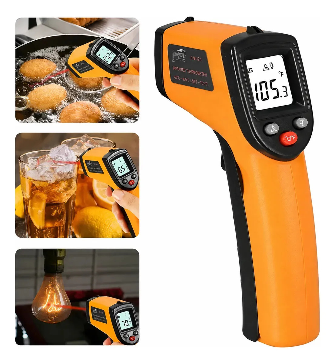 Termómetro Infrarrojo Digital Láser Sin Contacto Pantalla LCD De -50 A 400 Grados Portátil Para HVAC Automotriz Refrigeración Electricidad Cocina Horno Mantenimiento Industrial Uso