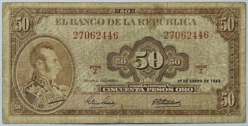 Billete 50 Pesos 01/ene/1964 Colombia F-vf