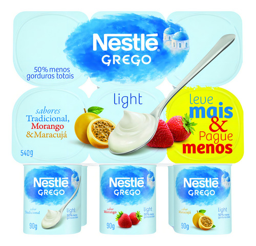 Iogurte Grego Tradicional + Morango + Maracujá Light Nestlé Bandeja 540g 6 Unidades Leve Mais Pague Menos