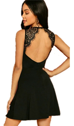 Vestido Negro De Encaje Elegante, Sin Mangas Sexy Noche 