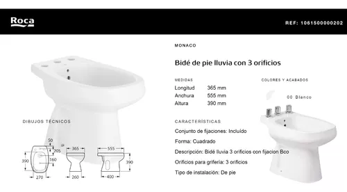 ROCA MONACO INODORO LARGO + MOCHILA APOYO + BIDET 1 O 3 AG – Marash