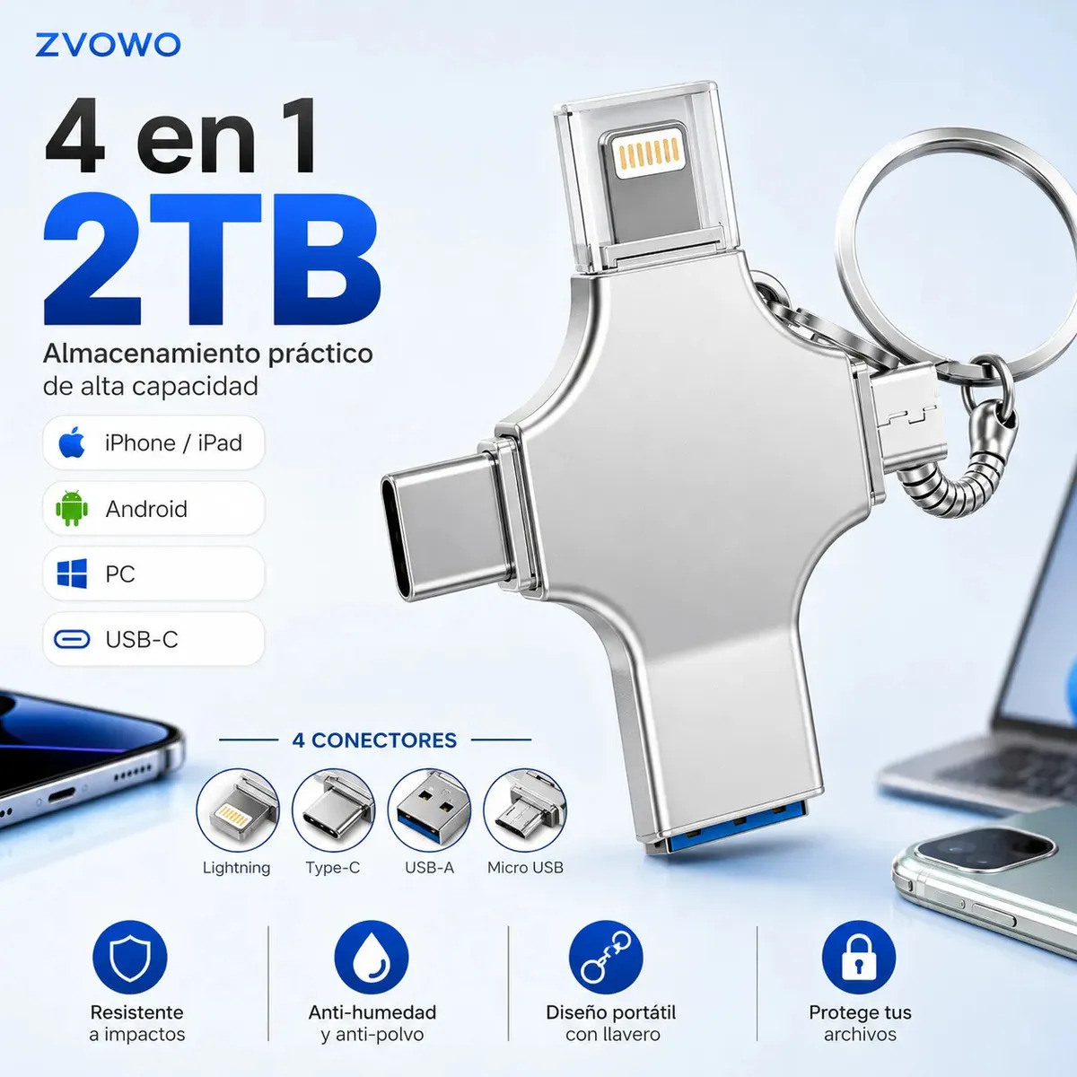 Memoria USB 4 en 1 de 2 TB para iPhone, Android y Computadora con USB-C y Lightning