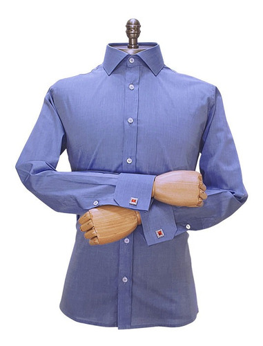 Camisa Social Azul Italiana Punho Duplo A 031