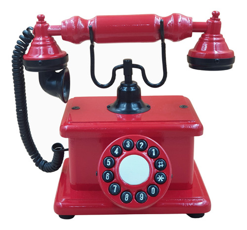 Telefone Antigo Retrô De Mesa Em Madeira E Metal Vermelho