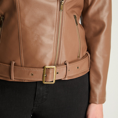 Chaqueta Biker Ecocuero Con Cinturón Café Mujer Hasta La Tal