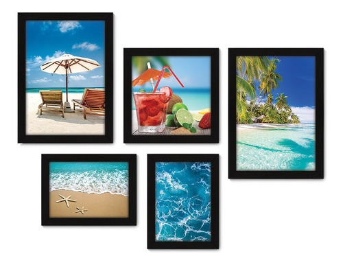 Kit Com 5 Quadros Decorativos - Praia Mar Férias Sala - 346 Cor Moldura Preta