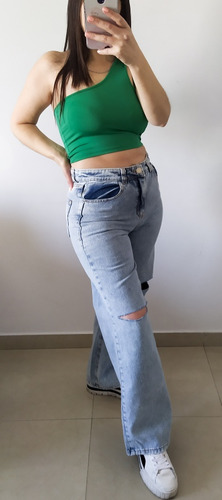 Jeans Wide Leg Mujerpantalon Rigido Tiro Alto Lana