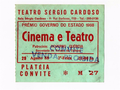 Ingresso Antigo Premio Gov Sao Paulo Teatro E Cinema 1988