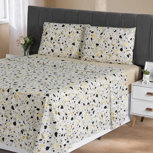 Jogo De Lençol Queen 400 Fios 4 Peças Toque Macio Conforto Formas Branco E Amarelo
