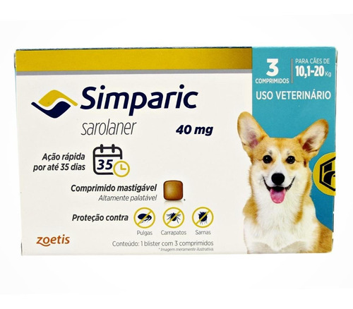 Anti Pulgas Simparic 40mg C/3comp Cães 10,1 A 20 Kg