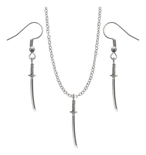 Kit Collar Y Aretes Espada Arma Medieval Dije Cadena Acero Plateado 1