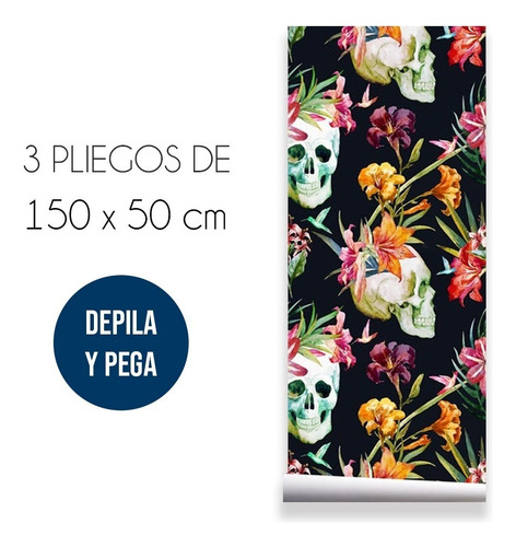 Vinil Tapiz Decorativo Calaveras México Flores Autoadherible Color Negro