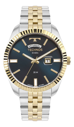 Relógio Technos Masculino Riviera Dourado - 2350am/1a Correia Bicolor Bisel Azul