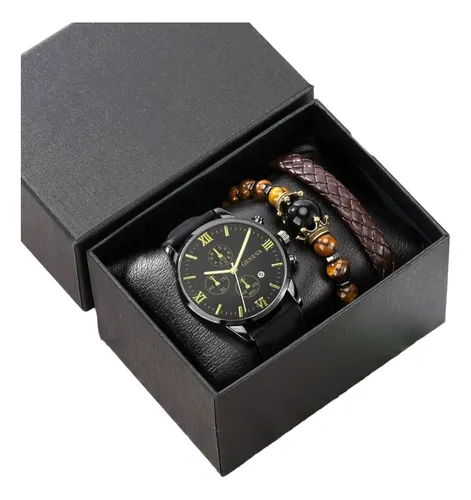 Reloj Hombre Negro Gris Acero Inoxidable Elegante + Pulseras