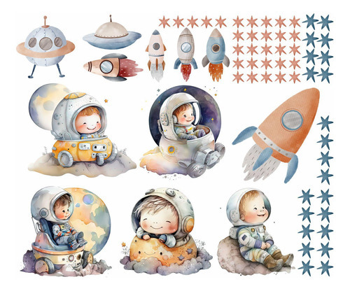 Adesivo De Parede Astronautas Bebês Cute No Espaço
