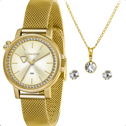 Relógio Lince Feminino Dourado Kit Lrg4721l Kp21 C1kx