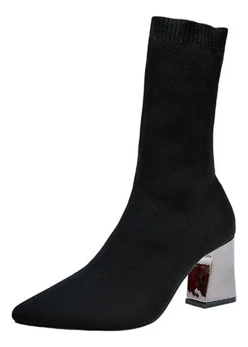 comprar Botas Elásticas Negras De Tacón Grueso, Botas De Tacón A [u]