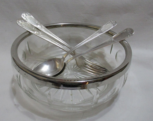 Bowl Cristal Metal Con Par Cucharas Tenedores Plata Lappas