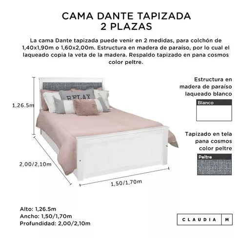 Cama 2 Plazas Madera Respaldo Tapizado 160x200 Queen Size