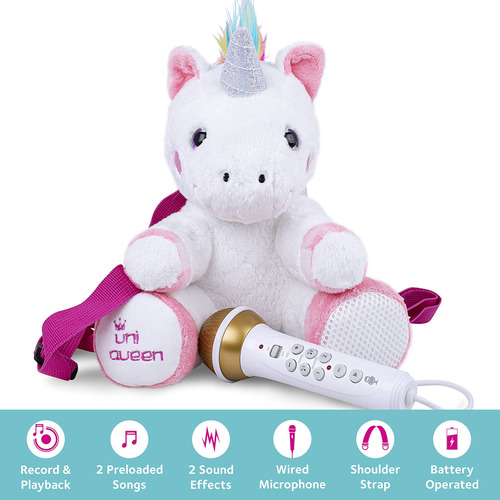 Singing Machine Kids - Mochila De Peluche Sing Along Crew Con Altavoz Y Micrófono Con Canciones, Efectos De Sonido Y Grabación, Uni Queen