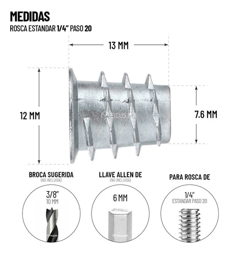 Tuerca Inserto Para Madera 1/4 X 13 Mm Con Tope 100 Uds