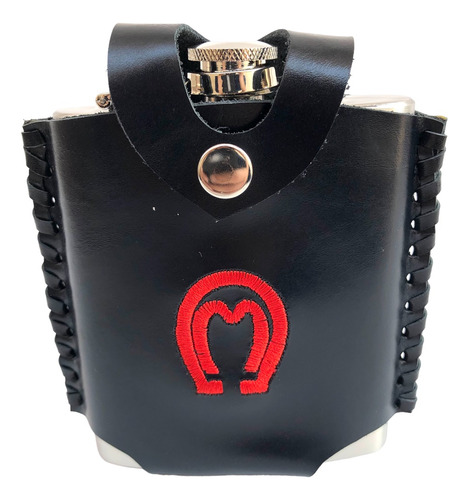 Kit Porta Uisque Inox + Capa Couro Com Alça P/ Prender Cinto Cor Preto Bordado Mangalarga