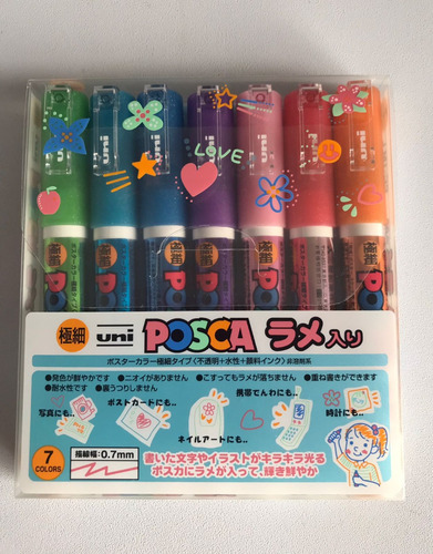 Set Uni Posca Marcadores 7 Colores Glitter 1m -  Japonés