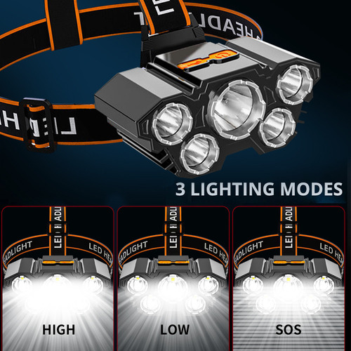 // Faro Led De 5 Cabezales, Recargable Por Usb, Luz Alta De