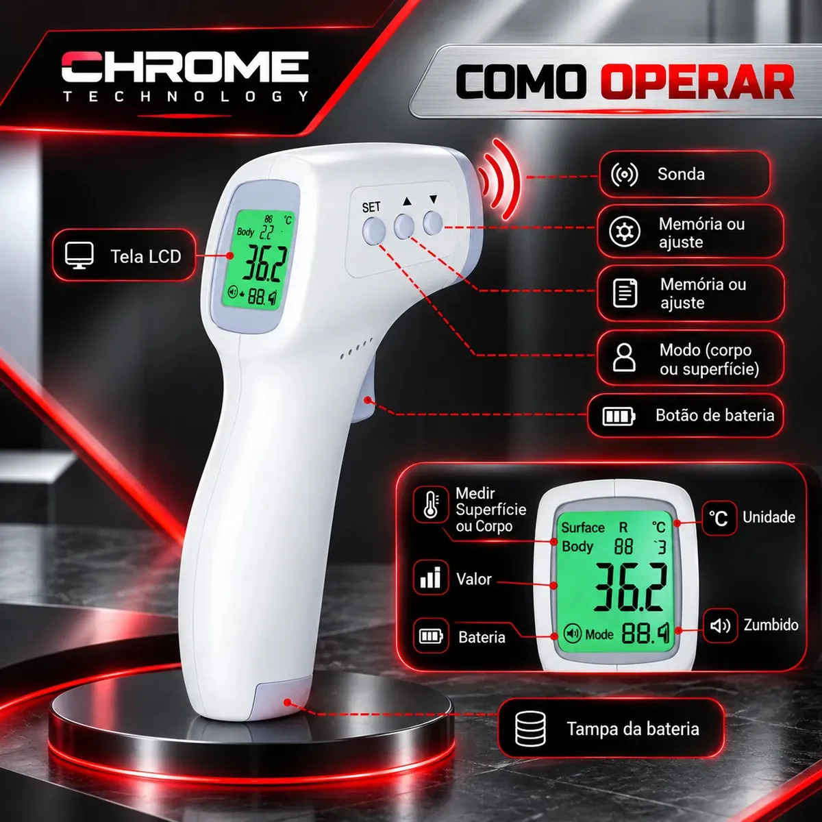 Termômetro Infravermelho Sem Contato Digital Medição Rápida Alta Precisão Display Lcd Memória Alarme Sensor Chrome Technology · foto 3
