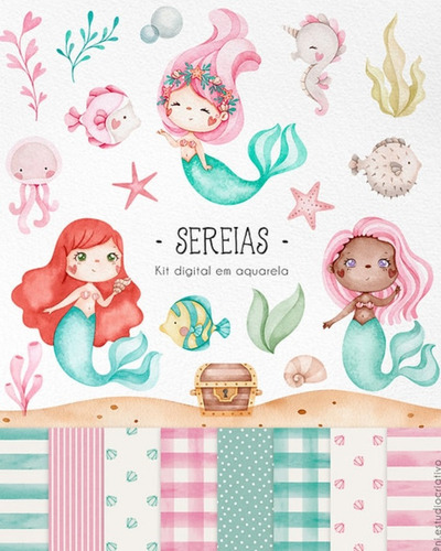 Kit Imagenes Png Cliparts Sirenas Mar Animales Acuarela Ni33