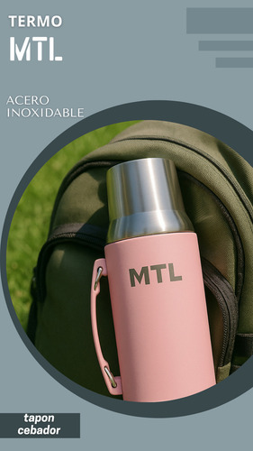 Termo Mtl 1 Litro Acero Inoxidable Pico Cebador Mate System Color Rosa Claro Tapa Vaso Térmico Doble Pared Reforzado Alta Resistencia Líquidos Calientes Fríos