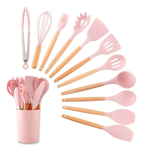 Kit de 12 utensílios duráveis de cozinha e pastelaria para uso profissional rosa