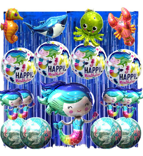 Kit Combo Deco Globos Sirena Fondo De Mar