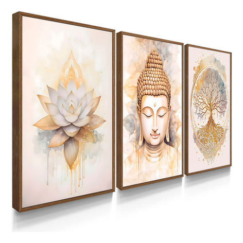 Quadro Decorativo Sala Quarto Kit Buda Lótus Amor Moldura