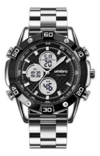 Relógio Umbro Masculino Digitech Dual Time Umb-dt-2-bs Correia Prateado Bisel Preto Fundo Preto