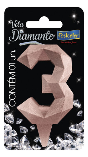 Vela Aniversário Diamante Rose - Número 3 C/1 Unid