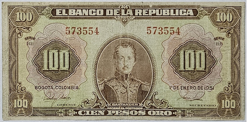 Billete 100 Pesos 01/ene/1951 6 Digitos Colombia Fine
