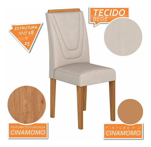 Conjunto 4 Cadeiras Lima Cinamomo/ Bege Cor Cinamomo/bege 03 Cor Da Estrutura Da Cadeira Cinamomo Desenho Do Tecido Liso