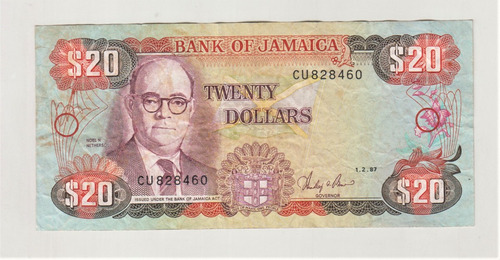 Billete Jamaica 20 Dólares Febrero 1987 (c85)