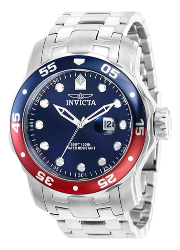 Casual Reloj Invicta Pro Diver Hombre Relojes Correa Plateado Bisel Azul/rojo Fondo Azul