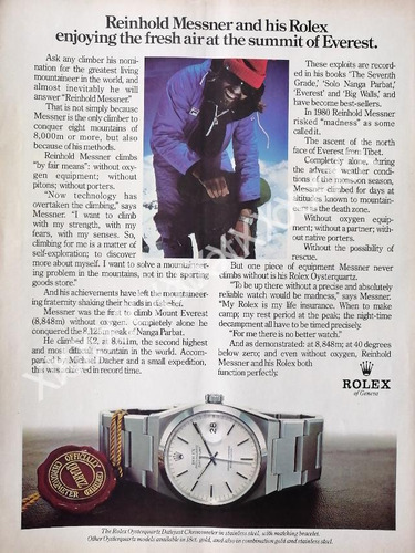 Cartel De El Alpinista Reinhold Messner & Relojes Rolex 1980