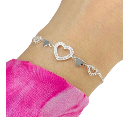 Pulsera Espejado Corazones Con Piedras De Plata 925 Ps 334 