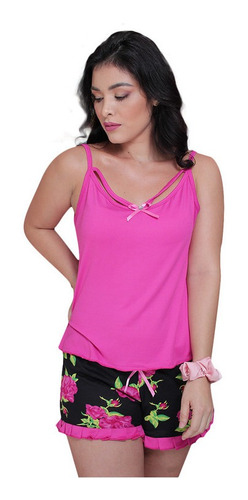 Pijama Short Dama Con Blusa. Fucsia/negro.