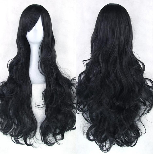 Peluca Negra ( Negro Total ) Cabello Ondulado Kanekalon Tamaño De La Base Unitalla