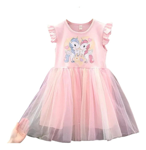 Bello Vestido Rosa Para Niña Tutu Unicornio Verano 