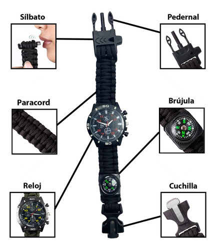 Reloj De Supervivencia Con Cuerda Paracord 5 En 1 Pedernal