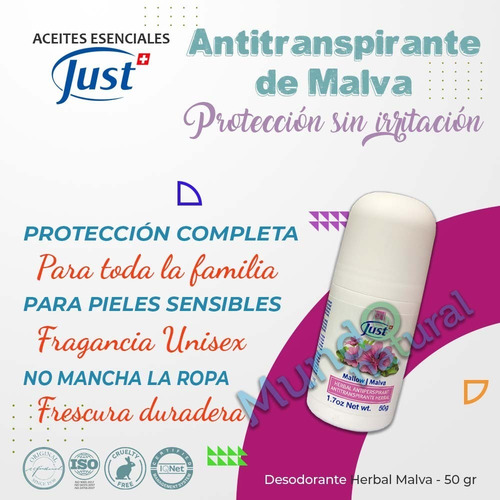 Imagen 2 de 8 de Antitranspirante Deo Roll On De Malva Swiss Just Original