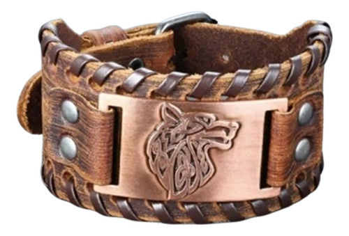 Bracelete Pulseira Homem Viking Lobo Couro Marrom Nórdico